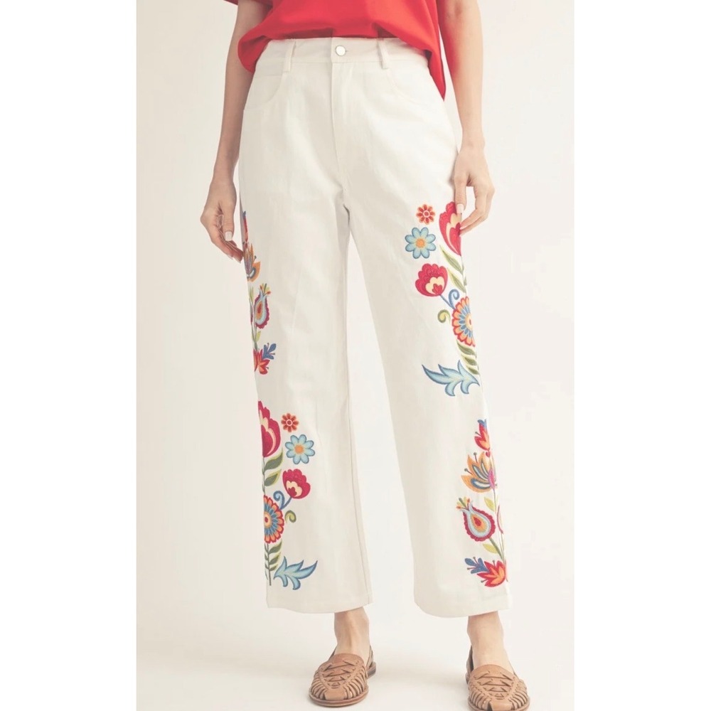 Jodifl Pants Women Small White Floral Embroidered Straight Leg High Rise Denim